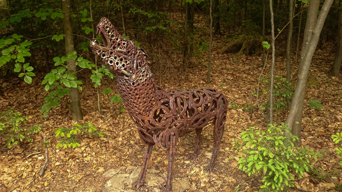 An der Köhlerhütte passt ein Wolf auf.