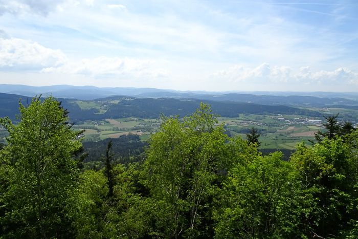 Am Horizont Pröller (1048 m) und Konsorten (1022 m). Unter uns Wettzell, ...